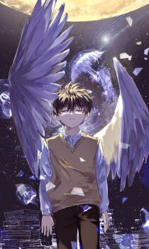 1boy 8d2suga9 analog_clock backlighting black_hair book book_stack brown_vest clock closed_eyes collared_shirt falling_paper feathered_wings feet_out_of_frame frown galaxy halo halo_behind_head highres jellyfish kim_dokja male_focus moon oldest_dream omniscient_reader&#039;s_viewpoint shirt short_hair solo space vest white_shirt white_wings wings