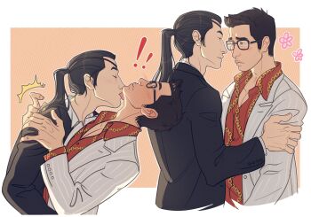 Rule 34 | 2boys, aged down, bespectacled, black hair, black jacket, blush, chain print, dress shirt, glasses, grabbing another's arm, highres, jacket, kiryu kazuma, licking, licking another's face, long hair, majima goro, male focus, multiple boys, open clothes, pectoral cleavage, pectorals, pinstripe jacket, pinstripe pattern, ponytail, ryuu ga gotoku (series), ryuu ga gotoku 0, shirt, shy, teppn (gattobamboom), yaoi