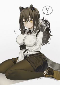 1girl ? absurdres animal_ear_fluff animal_ears arknights arm_under_breasts breasts brown_hair brown_pantyhose buttons closed_mouth collared_shirt commentary_request dress_shirt flying_sweatdrops full_body grey_background hair_between_eyes highres large_breasts long_hair long_sleeves multicolored_hair pantyhose partial_commentary parutogai polka_dot polka_dot_shirt robin_(arknights) shirt simple_background sitting solo spoken_question_mark streaked_hair tail unmoving_pattern wariza white_hair white_shirt yellow_eyes