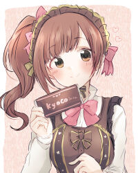 Rule 34 | 1girl, baran. (ba ra ran), blush, bow, bowtie, breasts, brown background, brown eyes, brown hair, brown headdress, brown vest, candy, character name, chocolate, chocolate bar, closed mouth, collared shirt, food, heart, highres, holding, holding chocolate, holding food, idolmaster, idolmaster cinderella girls, igarashi kyoko, long hair, long sleeves, looking at viewer, maid headdress, medium breasts, pink bow, pink bowtie, pun, shirt, side ponytail, sidelocks, smile, solo, split mouth, upper body, vest, white shirt