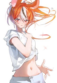 Rule 34 | 1girl, absurdres, animal ear fluff, animal ears, artist self-insert, black hair, black streaks, blue eyes, blush, chocosong, commentary request, double-parted bangs, hair between eyes, hakos baelz, hand on own chest, highres, hololive, hololive english, long hair, looking at viewer, messy hair, midriff, mouse ears, multicolored hair, navel, open mouth, pants, red hair, shirt, sparkle, standing, sweat, virtual youtuber, white background, white hair, white pants, white shirt