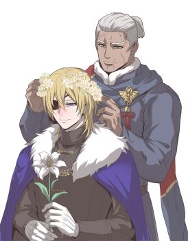 2boys arms_up black_shirt blonde_hair blue_cape blue_eyes cape commentary_request dark-skinned_male dark_skin dedue_molinaro dedue_molinaro_(timeskip) dimitri_alexandre_blaiddyd dimitri_alexandre_blaiddyd_(timeskip) eyepatch fire_emblem fire_emblem:_three_houses flower flower_wreath fur-trimmed_cape fur-trimmed_collar fur_trim gloves green_eyes hair_between_eyes highres holding holding_flower long_sleeves male_focus megubiru multiple_boys multiple_scars nintendo one_eye_covered parted_bangs ponytail scar scar_on_face scar_on_mouth scarf shirt short_hair short_ponytail simple_background white_background white_flower white_fur white_gloves white_hair