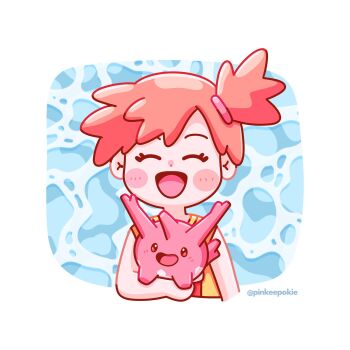 Rule 34 | 1girl, :d, ^ ^, asymmetrical hair, bare arms, blush, blush stickers, closed eyes, corsola, creature, eyelashes, facing viewer, gen 2 pokemon, hair tie, happy, holding, holding creature, holding pokemon, jacket, misty (pokemon), nintendo, open mouth, orange hair, orange shirt, pokemon, pokemon (anime), pokemon (classic anime), pokemon (creature), ponytail, shirt, short hair, side ponytail, sleeveless, sleeveless shirt, smile, tongue, water, yellow shirt