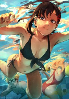 1boy 2girls air_bubble bikini black_hair blonde_hair bubble chainsaw_man coin denji_(chainsaw_man) front-tie_bikini_top front-tie_top goggles hair_ornament hairclip higashiyama_kobeni highres khyle. long_hair mole mole_on_cheek mole_under_mouth multiple_girls nevermind nirvana_(band) one-piece_swimsuit pee peeing peeing_underwater ponytail pool power_(chainsaw_man) short_hair short_ponytail side-tie_bikini_bottom swimming swimsuit underwater