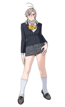 Rule 34 | 1girl, absurdres, alternate costume, antenna hair, bespectacled, black jacket, black shoes, blazer, bow, bowtie, breasts, collared shirt, full body, glasses, green eyes, grey hair, grey skirt, hair over shoulder, highres, jacket, kantai collection, kinugasa (kancolle), kneehighs, loafers, long sleeves, looking at viewer, ojipon, school uniform, shirt, shoes, short twintails, simple background, skirt, socks, solo, standing, twintails, white background, white socks, yellow bow, yellow bowtie