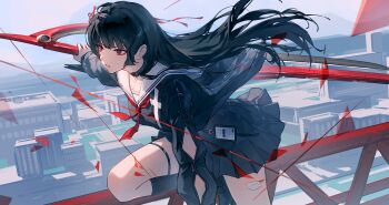 1girl absurdres bandaid bandaid_on_chest bandaid_on_leg bare_legs black_choker black_hair blunt_bangs chinese_commentary chisa_(wuthering_waves) choker city cityscape clothing_cutout collarbone commentary_request eyeliner feet_out_of_frame floating_hair from_side hair_ribbon highres hime_cut holding holding_weapon horizon id_card long_hair looking_ahead makeup miniskirt mole mole_under_eye mountain mountainous_horizon neckerchief parted_lips pleated_skirt red_eyeliner red_eyes red_neckerchief reverse_grip ribbon sailor_collar school_uniform skirt solo thigh_strap weapon wuthering_waves xiao'er_yushiwuzheng