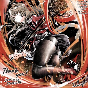 1girl animal_ears arknights ass belt belt_buckle black_belt black_shoes black_skirt black_vest breasts brown_hair brown_pantyhose buckle buttons cat_ears cat_girl cat_tail closed_mouth commentary_request dated earrings from_below from_side high_heels highres holding holding_staff jacket jewelry large_breasts long_hair long_sleeves looking_at_viewer looking_down miniskirt misago33695466 open_clothes open_jacket pantyhose red_jacket red_pantyhose shoes signature skirt skyfire_(arknights) solo staff tail thank_you thighband_pantyhose thighs translation_request vest yellow_eyes