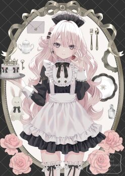 1girl absurdres apron bib_collar black_bow black_bowtie black_dress black_headdress black_ribbon bottle bow bowtie braid buttons cake closed_mouth collared_dress commentary_request cowboy_shot crown double-breasted dress earrings flower food fork frilled_apron frilled_dress frilled_shirt_collar frilled_thigh_strap frills fruit grey_eyes hair_between_eyes hair_bow hair_bun hands_up high_collar highres holding holding_food holding_fruit holding_tray jewelry juliet_sleeves key key_necklace lace-trimmed_sleeves lace_trim letter long_sleeves long_tongue looking_at_viewer maid maid_apron maid_headdress necklace original paruno perfume_bottle pink_flower pink_hair plate puffy_sleeves ribbon short_dress single_braid single_hair_bun sleeve_cuffs smile solo spoon standing strawberry stuffed_animal stuffed_rabbit stuffed_toy thigh_strap thighhighs tongue tray very_long_tongue watermark white_apron white_thighhighs zettai_ryouiki