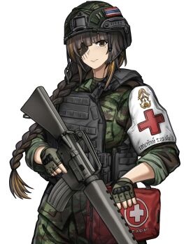 armband assault_rifle blunt_bangs body_armor brown_eyes brown_hair camouflage camouflage_helmet camouflage_shirt combat_helmet combat_medic commentary cross english_commentary eyepatch fingerless_gloves first_aid_kit girls'_frontline gloves green_gloves green_helmet green_shirt gun helmet highres holding holding_weapon light_smile long_hair looking_at_viewer m16 m16a1 m16a1_(girls'_frontline) magazine_(weapon) mole mole_under_eye multicolored_hair red_cross rifle scar scar_across_eye scar_on_face shirt slavsegger solo tactical_clothes tactical_gloves thailand weapon white_armband