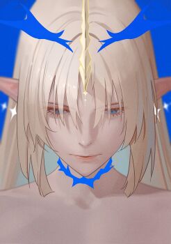 1girl blonde_hair blue_background blue_eyes blue_hair closed_mouth colored_inner_hair commentary crown_of_thorns drid earrings fleurdelys_(wuthering_waves) floating_earrings half-closed_eyes highres horns jewelry long_horns looking_down multicolored_hair pointy_ears portrait sidelocks single_horn solo symbol-only_commentary tacet_mark_(wuthering_waves) wuthering_waves yellow_horns