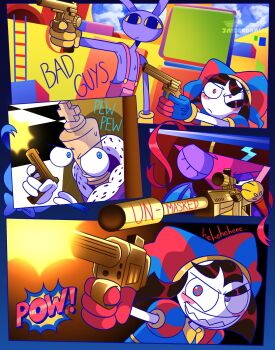 1girl 1other 2boys animal_ears asymmetrical_gloves black_hair blue_eyes blue_gloves blush chess_piece colored_sclera evil_grin evil_smile fur-trimmed_robe fur_trim furry furry_male gloves grin gun handgun hat highres holding holding_gun holding_weapon jax_(the_amazing_digital_circus) jaydendr4ws jester_cap jester_costume king_(chess) kinger_(the_amazing_digital_circus) ladder looking_through_scope multicolored_eyes multiple_boys overalls pomni_(the_amazing_digital_circus) purple_fur purple_overalls purple_robe rabbit_boy rabbit_ears red_gloves revolver rifle robe sharp_teeth short_hair smile sniper_rifle teeth the_amazing_digital_circus watermark weapon yellow_gloves yellow_sclera zooble_(the_amazing_digital_circus)