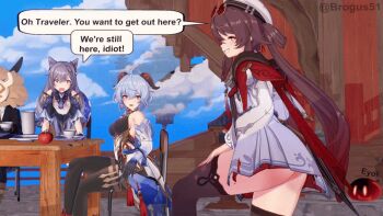 3girls angry animated animated_gif ass ass_shake blue_hair brogus brown_hair come_hither flower-shaped_pupils ganyu_(genshin_impact) genshin_impact hilichurl_(genshin_impact) horns hu_tao_(cherries_snow-laden)_(genshin_impact) hu_tao_(genshin_impact) keqing_(genshin_impact) looking_at_viewer multiple_girls official_alternate_costume purple_hair red_eyes slime_(genshin_impact) smile symbol-shaped_pupils teasing