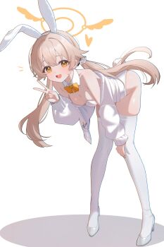 1girl absurdres animal_ears blue_archive breasts commentary detached_collar fake_animal_ears full_body halo hifumi_(blue_archive) highres leaning_forward leotard long_hair playboy_bunny rabbit_ears rabbit_tail revision shusuchii small_breasts solo strapless strapless_leotard symbol-only_commentary tail thighhighs twintails v white_background white_leotard white_thighhighs yellow_halo