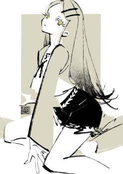 Rule 34 | 1girl, absurdres, arm support, brown coat, brown hair, coat, commentary request, cropped legs, cropped shirt, cutoffs, expressionless, flat color, gakuen idolmaster, gradient hair, hair ornament, hairclip, head back, highres, idolmaster, kneeling, limited palette, long hair, long sleeves, looking at viewer, manodemarina, midriff, multicolored hair, open clothes, open coat, outside border, parted lips, qr code, shinosawa hiro, short shorts, shorts, simple background, solo, swept bangs, yellow eyes