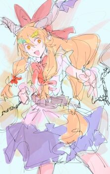 1girl ball bare_shoulders belt black_belt blue_background bow bowtie breasts chain clenched_hand collared_shirt cowboy_shot fang hair_between_eyes hair_bow hands_up highres horn_ornament horn_ribbon horns ibuki_suika large_bow long_hair looking_at_viewer low-tied_long_hair open_mouth orange_eyes orange_hair pointy_ears purple_ribbon purple_skirt quatro10257041 red_bow red_bowtie ribbon shirt sidelocks simple_background skirt sleeveless sleeveless_shirt small_breasts smile solo standing tongue touhou wavy_hair white_shirt wrist_cuffs yellow_pupils