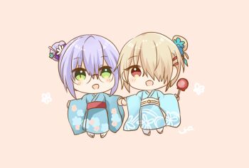 2girls candy_apple chibi chibi_only food glasses green_eyes hair_bun hair_ornament hair_over_one_eye hair_stick hairclip heaven_burns_red highres holding_hands izumi_yuki japanese_clothes kayamori_ruka kimono multiple_girls print_kimono red_eyes ura_(ura-tennislove)
