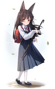 1girl absurdres animal_ear_fluff animal_ears bag black_dress black_hair black_shoes black_umbrella blunt_bangs blush closed_mouth dress fox_ears fox_girl highres holding holding_bag holding_umbrella hoshimi_miyabi leaf long_hair maeru pantyhose red_bag red_ribbon ribbon shirt shoes sidelocks solo umbrella white_pantyhose white_shirt zenless_zone_zero