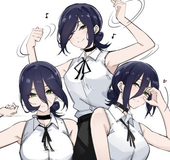 1girl black_choker black_ribbon black_skirt chainsaw_man choker commentary_request dancing green_eyes grenade_pin hair_between_eyes hair_bun heart highres iris_out_(song) long_hair_between_eyes looking_at_viewer mame1645 musical_note neck_ribbon reze_(chainsaw_man) ribbon shirt simple_background single_hair_bun skirt sleeveless sleeveless_shirt smile solo upper_body white_background