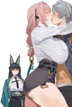 1girl 2girls absurdres angry animal_ear_fluff animal_ears aqua_jacket arm_out_of_sleeve belt black_necktie black_pants black_skirt blue_jacket blush breasts closed_eyes dress_shirt earphones fingerless_gloves fox_ears fox_girl french_kiss gauntlets gloves green_jacket grey_hair high-waist_skirt highres hoshimi_miyabi jacket kiss large_breasts multiple_girls necktie orange_shirt pants pencil_skirt pink_hair red_eyes ring_hair_ornament shirt single_fingerless_glove single_gauntlet skirt thighs tongue tsukishiro_yanagi twentytwo_(twenty_zwei) white_background wise_(zenless_zone_zero) zenless_zone_zero