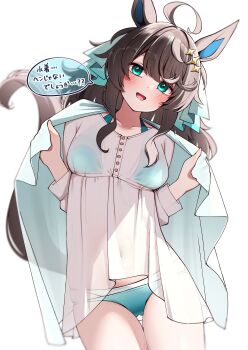 1girl absurdres ahoge aqua_eyes bikini blue_one-piece_swimsuit blush breasts brown_hair commentary_request covered_navel cowboy_shot daring_tact_(umamusume) dress hair_ornament highres horse_girl medium_breasts one-piece_swimsuit open_mouth ponta_(1859ysmssstsp) school_swimsuit see-through_clothes simple_background smile solo speech_bubble swimsuit thighs translation_request umamusume white_background