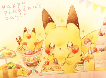 character-themed_food cherry commentary_request cup food food_on_face fruit gen_1_pokemon holding holding_spoon nintendo no_humans parfait pikachu plate pokemon pokemon_(creature) sparkle spoon strawberry string_of_flags teacup traditional_media yukichi_0611