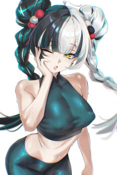 1girl alternate_costume aqua_pants aqua_sports_bra black_hair braid braided_twintails breasts commentary_request covered_erect_nipples dialyn_(zenless_zone_zero) ei_(eiei_e1) highres large_breasts looking_at_viewer multicolored_hair navel one_eye_closed open_mouth pants simple_background split-color_hair sports_bra stomach two-tone_hair white_background white_hair yellow_eyes yoga_pants zenless_zone_zero