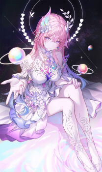 1girl bare_legs bare_shoulders breasts closed_mouth commentary cyrene_(honkai:_star_rail) cyrene_(ripples_of_past_reverie)_(honkai:_star_rail) dark_background diamond-shaped_pupils diamond_(shape) fingernails flower gradient_hair hair_between_eyes hair_flower hair_ornament halo hand_on_own_knee hand_up hashtag-only_commentary high_heels highres honkai:_star_rail honkai_(series) large_breasts legs long_hair looking_at_viewer multicolored_hair nail_polish neon_(pixiv_31150749) pink_hair pink_nails planet pointy_ears purple_eyes purple_flower purple_hair purple_rose rose shoes sidelocks sitting sky smile solo space star_(sky) starry_sky symbol-shaped_pupils very_long_hair white_shoes