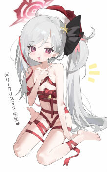 1girl :d asymmetrical_hair barefoot blue_archive christmas commentary flat_chest fur-trimmed_headwear fur_trim grey_hair halo hat highres loli long_hair looking_at_viewer measho mutsuki_(blue_archive) naked_ribbon open_mouth pointy_ears purple_eyes red_halo revision ribbon santa_hat side_ponytail sitting smile solo symbol-only_commentary translation_request very_long_hair wariza