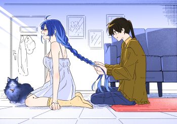 1boy 1girl absurdres ahoge alternate_costume another&#039;s aruvhie bare_shoulders black_hair blue_hair blue_pants blush braid braiding breasts cat closed_eyes crescent dress hair_between_eyes highres iuno_(wuthering_waves) jewelry knee_socks kneehighs long_hair looking_at_another male_rover_(wuthering_waves) medium_breasts multicolored_hair necklace on_floor pants ponytail rover_(wuthering_waves) shirt sitting sketch_background smile socks streaked_hair sweater turtleneck twitter_username tying_hair very_long_hair watermark white_dress wuthering_waves yellow_eyes