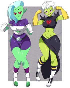 2girls :> absurdres abysswatchers aqua_hair armor bare_legs belly bodysuit breastplate breasts cheelai cheelai_(cosplay) clenched_hands color_connection colored_sclera colored_skin cosplay costume_switch crop_top crossover curvy dragon_ball dragon_ball_super eyebrows freckles full_body gloves green_skin head_tilt heart heart_(symbol) heart_print highres large_breasts long_skirt lord_dominator lord_dominator_(cosplay) multiple_girls navel open_mouth pauldrons pelvic_curtain pink_eyes pink_sclera pointy_ears purple_bodysuit short_hair shoulder_armor simple_background skirt smile solo stomach teeth wander_over_yonder white_gloves white_hair wide_hips yellow_gloves