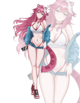 1girl absurdres air_jordan_1 altean alternate_costume animal_ear_fluff animal_ears bare_shoulders bikini blue_jacket blue_shorts breasts cellphone center-flap_bangs choker cleavage commentary commission crossed_legs denim denim_shorts english_commentary flipped_hair floating_hair full_body hair_intakes halterneck hand_under_clothes hand_under_shorts head_tilt high_tops highleg highleg_bikini highres holding holding_phone hololive hololive_english jacket large_breasts long_hair looking_at_viewer micro_shorts multicolored_hair navel off_shoulder open_clothes open_jacket panther_ears panther_girl panther_tail phone pink_hair raora_panthera red_choker red_shoes shoes shorts sidelocks simple_background smartphone sneakers solo standing stomach streaked_hair swimsuit tail virtual_youtuber white_background white_bikini white_hair yellow_eyes zoom_layer