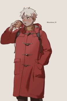 Rule 34 | 1boy, archer (fate), backpack, bag, blush, coat, commentary, cowboy shot, cup, disposable coffee cup, disposable cup, fate/stay night, fate (series), hand in pocket, highres, holding, holding cup, hood, hood down, karakasa 25, male focus, red coat, solo, taittsuu username, turtleneck, untranslatable commentary