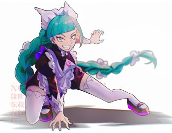 1girl apron black_romper blunt_bangs bow bowtie braid braided_ponytail breasts green_hair grin highres juliet_sleeves kagi0487_(weiss_9610) lebanne_(pokemon) long_braid long_hair long_sleeves looking_at_viewer maid_apron maid_headdress mega_stone nintendo open_mouth pokemon pokemon_legends:_z-a puffy_sleeves romper shoes simple_background smile solo teeth thighhighs tsurime white_bow white_bowtie white_thighhighs