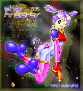 Rule 34 | 1girl, artist name, ass, bad id, bodysuit, breasts, dated, drop shadow, earth (planet), energy gun, english text, from behind, full body, gloves, green eyes, gun, hair rings, holding, holding gun, holding weapon, maruto!, multicolored bodysuit, one eye closed, original, pink bodysuit, planet, purple hair, purple shoes, red bodysuit, red gloves, shoes, short hair, small breasts, solo, space, twisted torso, two-handed, weapon, white bodysuit