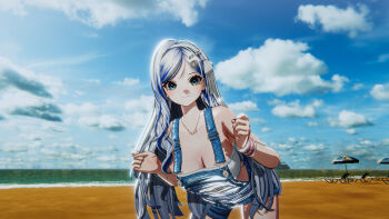 3d arms_up beach blue_eyes blue_hair blue_sky breasts cleavage cloud cloudy_sky denim denim_overalls denim_shorts discusgeon highres huge_breasts leaning_forward long_hair multicolored_hair parasol parted_bangs sand shadow shorts sky smile streaked_hair umbrella vlyz yun_eze