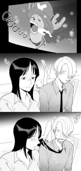 1girl 2boys antlers crying curly_eyebrows highres horns meme monochrome multiple_boys necktie nico_robin one_piece p5naq_pv reindeer reindeer_antlers reindeer_boy sanji_(one_piece) tony_tony_chopper