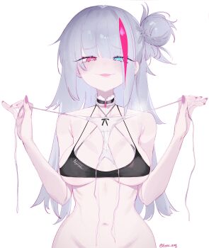 1girl absurdres artist_name bikini black_bikini blue_eyes breasts breasts_apart commentary eonsang girls'_frontline grey_bikini hair_bun heterochromia highres holding holding_panties holding_underwear holding_unworn_clothes layered_bikini long_hair looking_at_viewer mdr_(girls'_frontline) multicolored_hair navel open_mouth panties pink_eyes pink_hair pink_nails side-tie_panties simple_background single_hair_bun smile solo streaked_hair swimsuit twitter_username two-tone_hair underwear untranslatable_commentary unworn_panties white_background white_panties