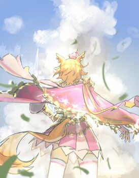 Rule 34 | 1girl, absurdres, animal ears, armor, blue sky, cape, cloud, commentary, crown, ear ornament, english commentary, fingerless gloves, from behind, gloves, highres, horse ears, horse girl, horse tail, jewelry, long sleeves, mini crown, multiple rings, orange hair, orange tail, peemy, pink cape, pink crown, ring, shirt, short hair, shoulder armor, skirt, sky, solo, t.m. opera o (o sole suo!) (umamusume), t.m. opera o (umamusume), tail, thighhighs, two-tone skirt, umamusume, white gloves, white shirt, white thighhighs