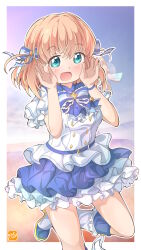 Rule 34 | 1girl, 365 days (love live!), :d, aqua eyes, blue bow, blue bowtie, blue ribbon, blue skirt, blue sky, blush, bow, bowtie, commentary request, cowboy shot, crossed bangs, frilled shirt, frilled skirt, frills, hair ribbon, hands up, heart, highres, hinoshita kaho, layered skirt, legs up, link! like! love live!, looking at viewer, love live!, medium hair, miniskirt, open mouth, orange hair, ribbon, shirt, short sleeves, skirt, sky, smile, solo, spoken heart, striped bow, striped bowtie, striped clothes, striped ribbon, takecho, textless version, two side up, virtual youtuber, white shirt
