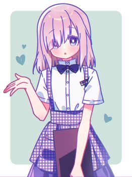 1girl absurdres black_bow black_bowtie blue_eyes blush border bow bowtie bright_pupils brown_skirt buttons commentary_request cowboy_shot green_background hand_up heart highres isuzu_ren looking_at_viewer magia_record:_mahou_shoujo_madoka_magica_gaiden mahou_shoujo_madoka_magica open_mouth outside_border plaid_clothes plaid_skirt ruru_(rurumagi) shirt short_sleeves simple_background skirt solo suspender_skirt suspenders unmoving_pattern white_border white_pupils white_shirt