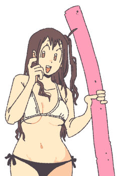 1girl bikini black_bikini breasts brown_eyes brown_hair commentary farfinfarfin medium_breasts mismatched_bikini navel no_sclera one_side_up open_mouth original pool_noodle side-tie_bikini_bottom smile solo swimsuit underboob upper_body white_bikini