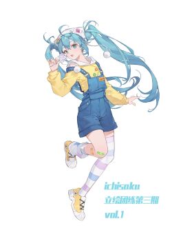 1girl :d artist_name asymmetrical_legwear blue_eyes blue_hair blue_overalls blush candy chinese_commentary commentary_request fang food full_body hatsune_miku headscarf heart heart-shaped_food heart-shaped_lollipop highres holding holding_candy holding_food holding_lollipop ichisaku lollipop long_hair long_sleeves looking_at_viewer mismatched_legwear open_mouth overall_shorts overalls print_socks purple_thighhighs shaped_lollipop shirt shoes simple_background single_sock single_thighhigh skin_fang smile socks solo star_(symbol) star_print striped_clothes striped_thighhighs thighhighs twintails uneven_legwear vocaloid white_background white_headscarf white_socks yellow_shirt yellow_shoes