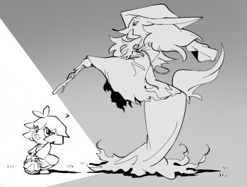 2015 2girls ? ahoge apron basket child commentary confused delphox dress english_commentary fox_girl full_body furry furry_female gen_2_pokemon gen_4_pokemon gen_6_pokemon grey_background half-closed_eyes height_difference highres holding holding_basket index_finger_raised jewelry leaning_forward long_dress long_sleeves looking_back medium_hair monoka motojima_hakka multiple_girls nintendo pointing pointing_at_another pokemon pokemon_(creature) pokemon_focus ring simple_background smoochum snout spoken_question_mark standing thick_lips veil wand wide_sleeves