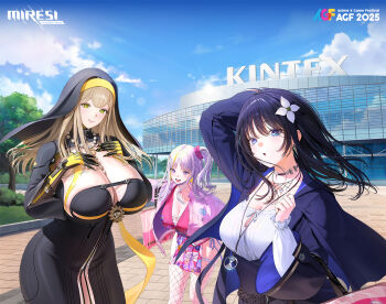 3girls arm_behind_head artist_request black_dress black_hair blonde_hair blue_eyes breasts character_request cleavage cloud dress earrings fishnet_thighhighs fishnets flower green_eyes grey_hair hair_flower hair_ornament hair_scrunchie hands_on_own_chest jewelry large_breasts long_hair miresi:_invisible_future multicolored_hair multiple_girls necklace nun pink_scrunchie scrunchie side_ponytail sky streaked_hair thighhighs tree white_flower