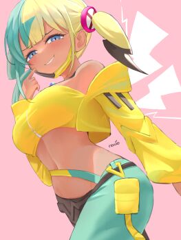 1girl blue_eyes breasts canari_(pokemon) crop_top dark_skin green_eyes green_pants highres jacket long_hair looking_at_viewer mask medium_breasts mouth_mask navel nintendo pants parted_lips pokemon pokemon_(creature) pokemon_legends:_z-a revvie smile solo stomach teeth twintails yellow_eyes yellow_jacket