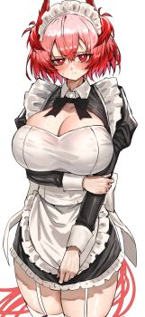 1girl absurdres alternate_breast_size_(larger) alternate_costume animal_ears apron arknights arm_under_breasts bird_ears bird_girl black_bow black_bowtie black_dress blush bow bowtie breasts bright_pupils chinese_commentary cleavage closed_mouth cowboy_shot dress embarrassed enmaided feather_hair fiammetta_(arknights) frilled_apron frilled_dress frills furrowed_brow garter_straps hair_between_eyes highres large_breasts long_hair long_sleeves looking_at_viewer maid maid_apron maid_headdress puffy_long_sleeves puffy_sleeves putcho red_eyes red_hair short_dress simple_background solo standing sweatdrop thighhighs very_long_hair white_background white_bow white_garter_straps white_pupils white_thighhighs white_wrist_cuffs wrist_cuffs