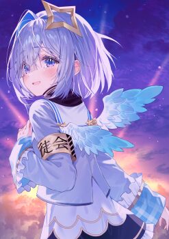 1girl :d absurdres amane_kanata amane_kanata_(1st_costume) angel_wings armband black_skirt blue_hair blue_wings bob_cut cloud colored_inner_hair commentary_request cropped_jacket cumulonimbus_cloud day feathered_wings frilled_skirt frills gradient_wings grey_hair grey_jacket hair_over_one_eye halo highres hololive jacket long_sleeves mini_wings multicolored_hair multicolored_wings open_mouth outdoors purple_eyes sailor_collar short_hair single_hair_intake skirt sky sleeve_cuffs smile solo star_halo tearing_up tilted_halo virtual_graduation_commemoration virtual_youtuber wasemkn white_sailor_collar white_wings wide_sleeves wings