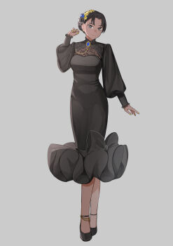1girl absurdres alternate_costume ankle_strap black_dress black_eyes black_flower black_hair black_shoes blue_flower blue_gem breasts bright_pupils brooch closed_mouth commentary_request contemporary curtained_hair dark-skinned_female dark_skin dress earrings fashion flats flower full_body gekijouban_mononoke gem grey_background hair_flower hair_ornament hand_up highres hobble_dress jewelry lace_dress light_smile lipstick long_dress long_sleeves looking_at_viewer makeup medium_breasts medium_dress mononoke mugicha_koucha nail_polish no_socks pink_lips puffy_long_sleeves puffy_sleeves shoes sidelighting simple_background solo standing stud_earrings tight_clothes tight_dress toe_cleavage tokita_fuki twitter_username updo white_pupils yellow_nails