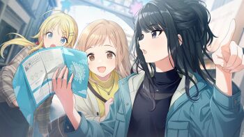 3girls ahoge black_hair blonde_hair blue_eyes brown_eyes brown_hair building coat game_cg grey_eyes hachimiya_meguru hair_ornament hairclip holding idolmaster idolmaster_shiny_colors idolmaster_shiny_colors_song_for_prism illumination_stars_(idolmaster) jewelry kazano_hiori multiple_girls necklace official_art open_mouth paper pointing sakuragi_mano turtleneck