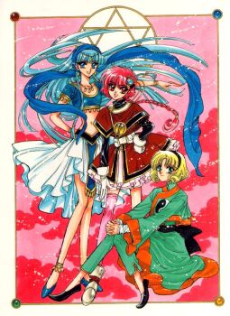 1990s_(style) 3girls blue_eyes blue_hair blue_headscarf circlet clamp dress frills full_body green_eyes hairband headscarf hexagram hououji_fuu jewelry long_hair magic_knight_rayearth midriff multiple_girls navel necklace official_alternate_costume official_art pink_legwear red_eyes retro_artstyle ryuuzaki_umi scan shidou_hikaru shoes single_thighhigh sitting smile thighhighs yin_yang